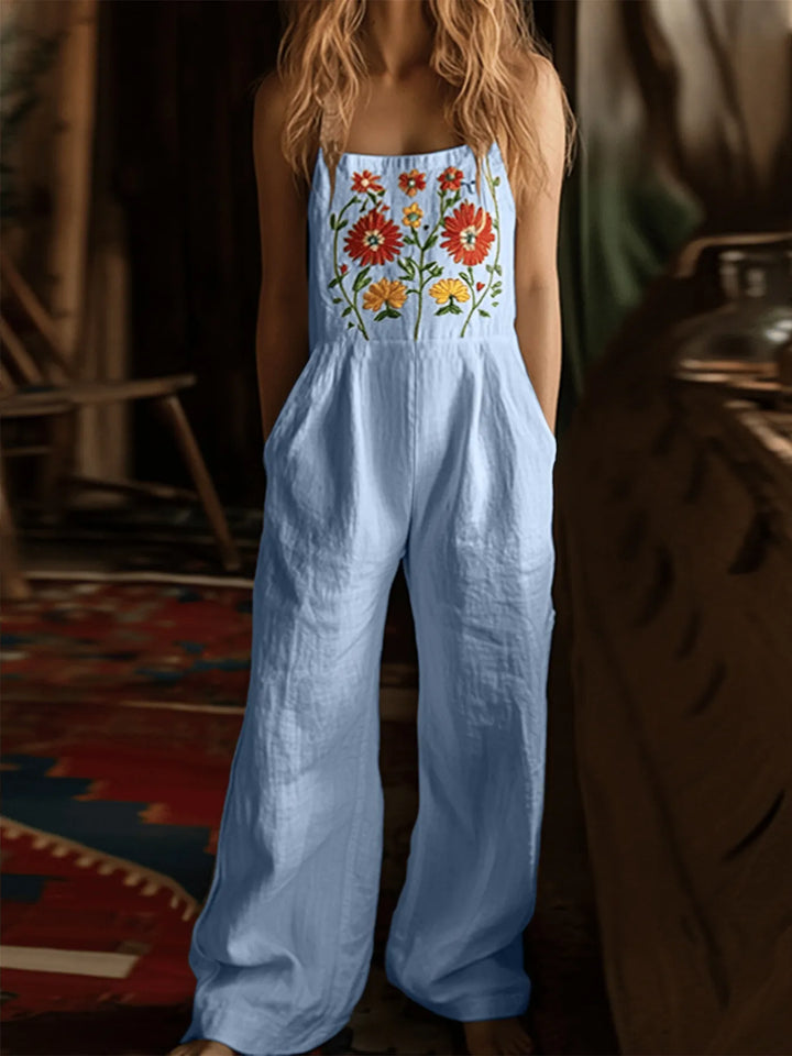 Floral Embroidered Wide Leg Jumpsuit - Maka Boho