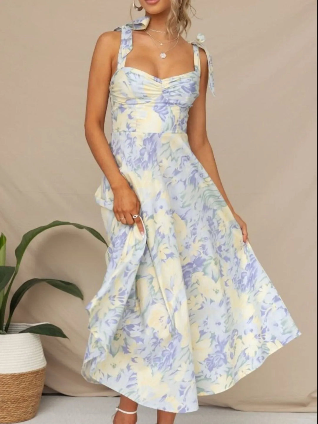 Floral Tie - Strap Sweetheart Neck Midi Dress - Maka Boho