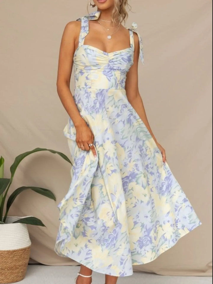 Floral Tie - Strap Sweetheart Neck Midi Dress - Maka Boho