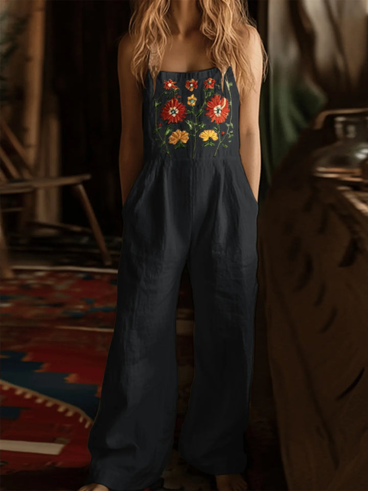 Floral Embroidered Wide Leg Jumpsuit - Maka Boho