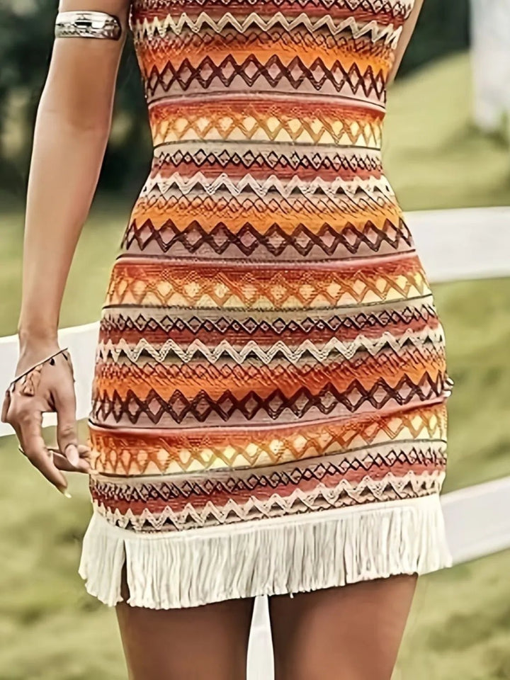 Fringe Grecian Neck Mini Dress - Maka Boho