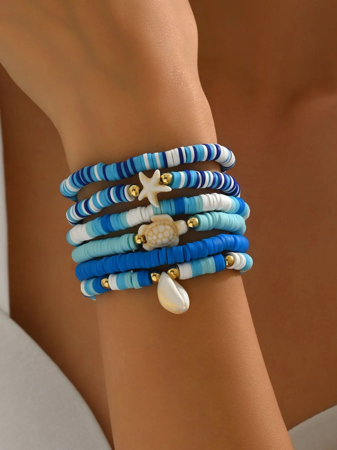 6 - Piece Ceramic Beaded Shell Bracelet - Maka Boho