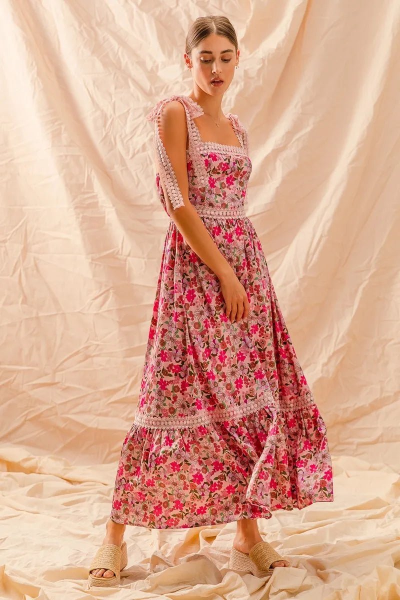 SO ME Floral Maxi Dress With Ribbon Tie Lace Strap - Maka Boho