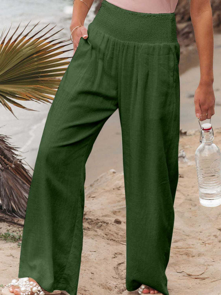 Full Size Smocked Waist Wide Leg Pants - Maka Boho