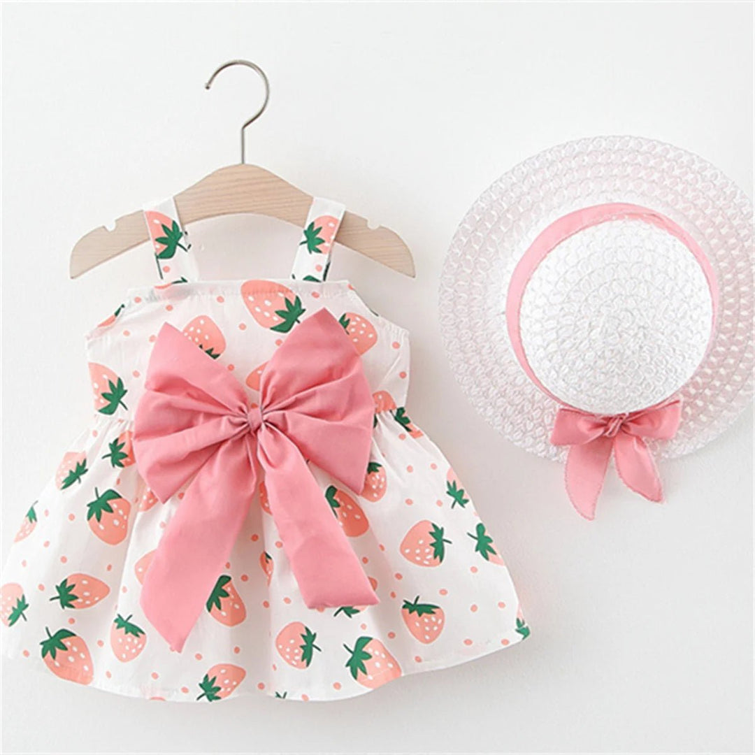Summer Baby Girl's Dress Small Round Dot Strawberry Print Chest Bow Daily Casual Dress with Hat - Maka Boho